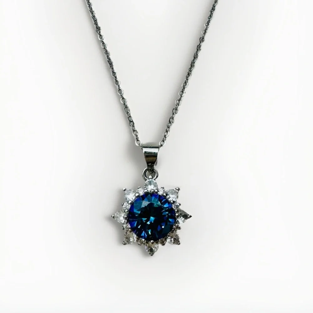 Crystal & Sterling Halo Glittering Starburst Pendant w Adjustable 925 17” Chain